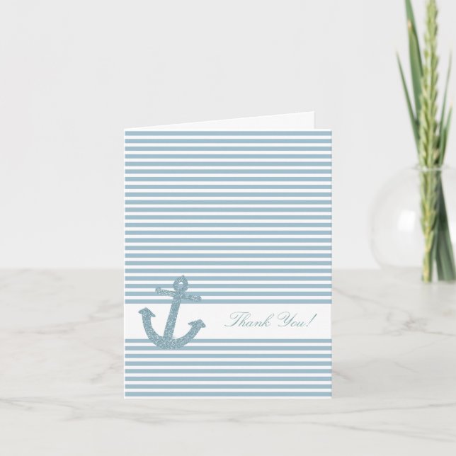 Blue Stripes Glitter Nautical Anchor Thank You Card (Front)