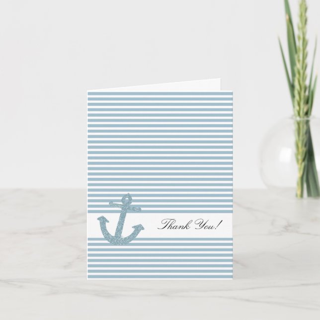 Blue Stripes Glitter Nautical Anchor Thank You Card (Front)