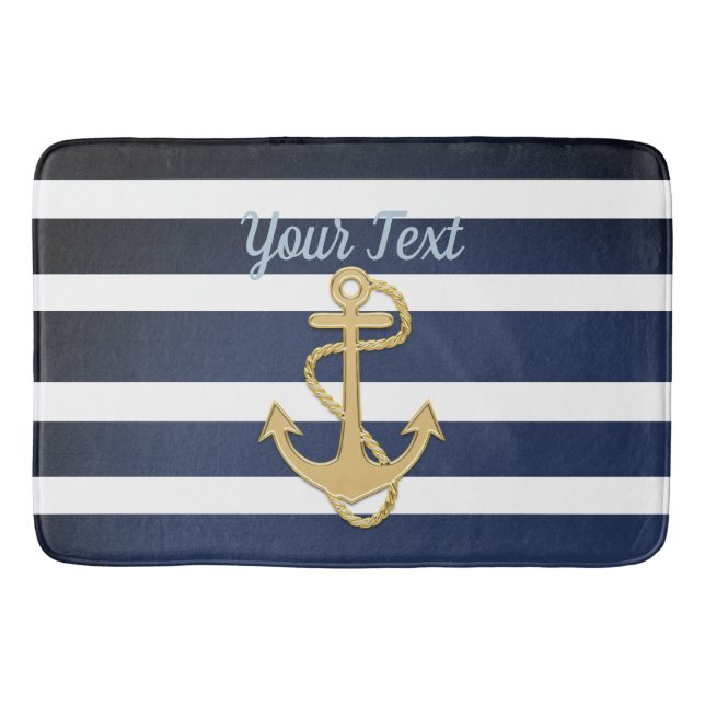 Blue Stripes & Gold Anchor Nautical Bath Mat (Front)