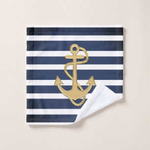Blue Stripes & Gold Anchor Nautical Bath Towel Set