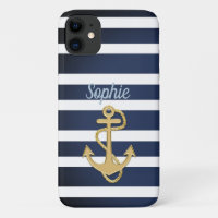 Blue Stripes & Gold Anchor Nautical
