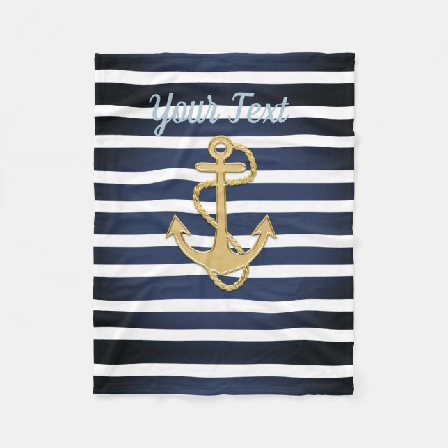 Blue Stripes & Gold Anchor Nautical Fleece Blanket (Front)