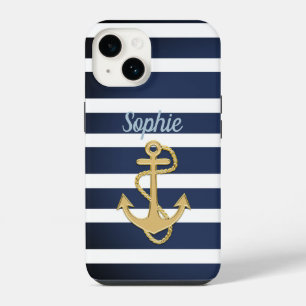 Blue Stripes & Gold Anchor Nautical iPhone 14 Case