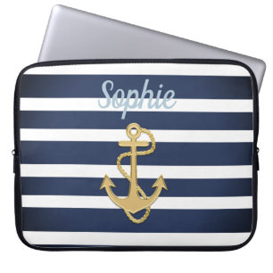 Blue Stripes & Gold Anchor Nautical Laptop Sleeve