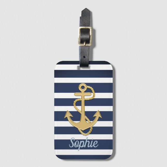 Blue Stripes & Gold Anchor Nautical Luggage Tag (Front Vertical)