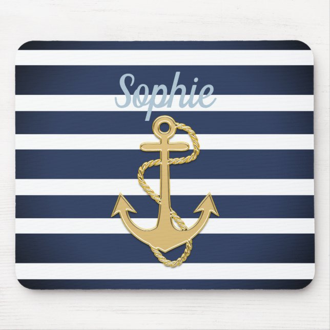 Blue Stripes & Gold Anchor Nautical Mouse Mat (Front)