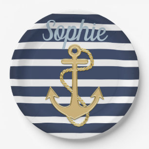 Blue Stripes & Gold Anchor Nautical Paper Plate