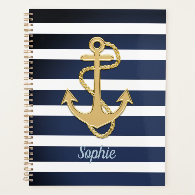 Blue Stripes & Gold Anchor Nautical Planner (Front)