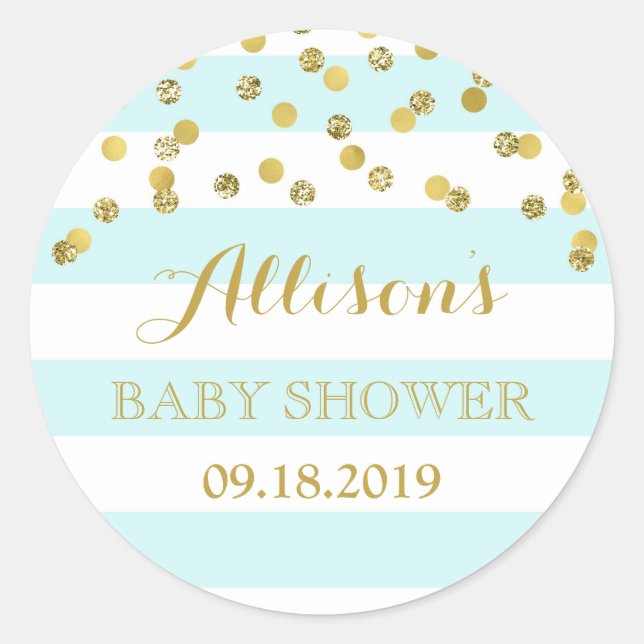 Blue Stripes Gold Confetti Baby Shower Favour Tag (Front)