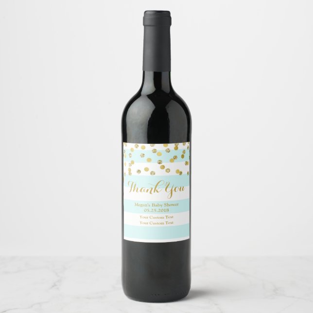 Blue Stripes Gold Confetti Baby Shower Wine Label (Front)