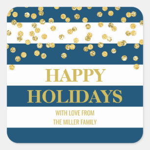 Blue Stripes Gold Confetti Happy Holidays Custom Square Sticker