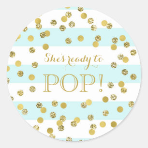Blue Stripes Gold Confetti She's Ready to Pop Classic Round Sticker