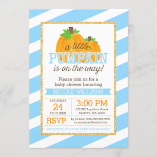 Blue Stripes Gold Little Pumpkin Fall Baby Shower Invitation