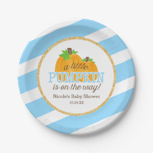 Blue Stripes Gold Little Pumpkin Fall Baby Shower Paper Plate