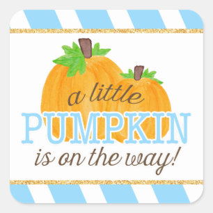 Blue Stripes Gold Little Pumpkin Fall Baby Shower Square Sticker