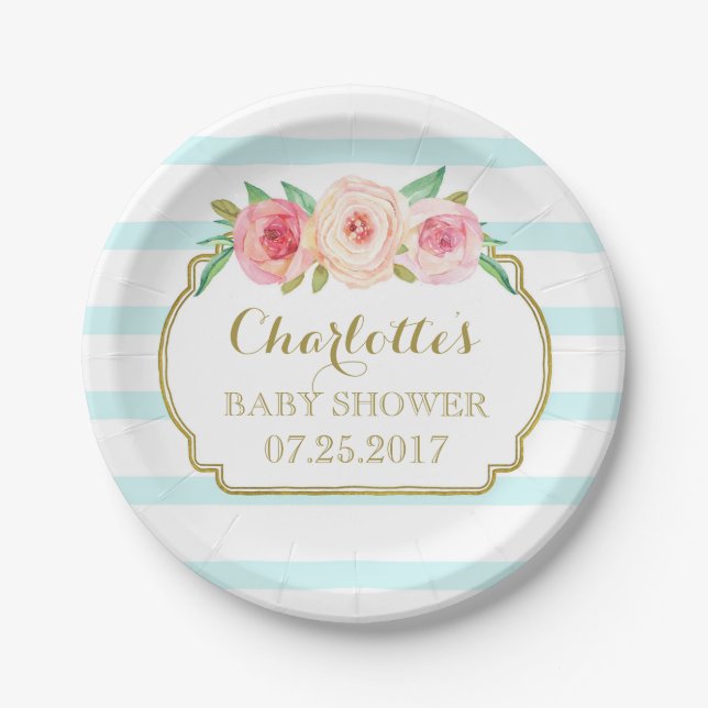 Blue Stripes Gold Pink Floral Baby Shower Plate (Front)