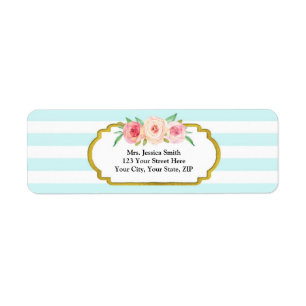 Blue Stripes Gold Pink Floral Return Address Label