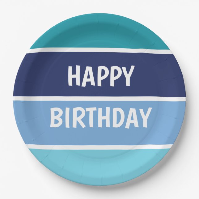 Blue Stripes Happy Birthday Paper Plate (Front)