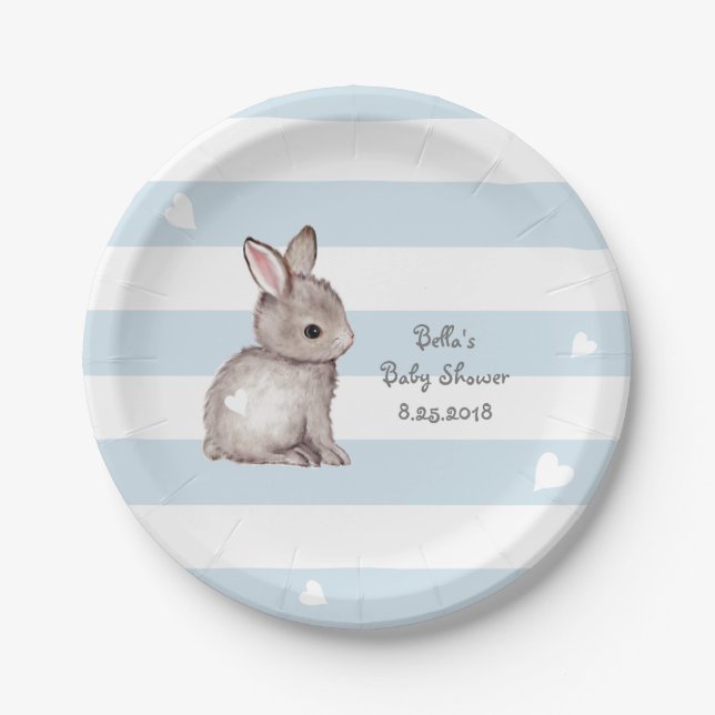 Blue Stripes Heart Bunny Party Paper Plate (Front)