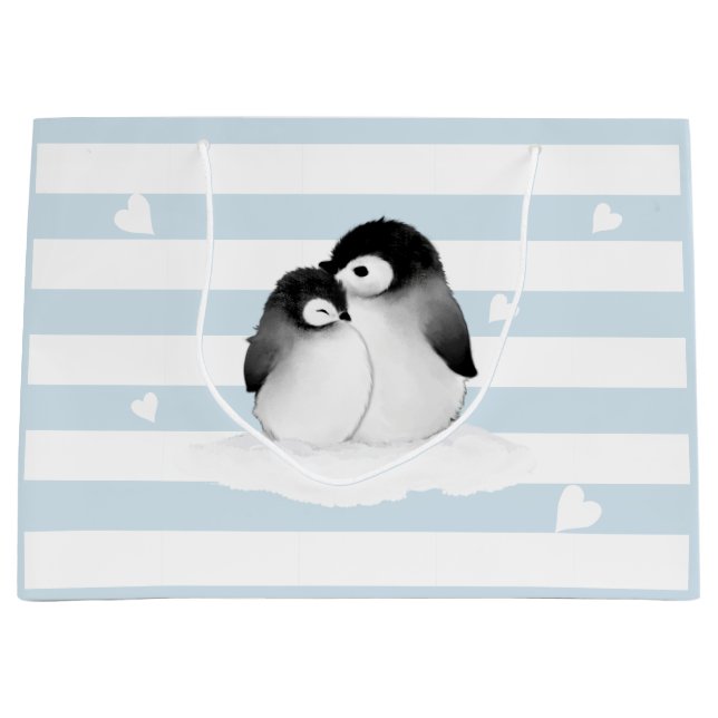 Blue Stripes Heart Grey Penguins Gift Bag (Front)