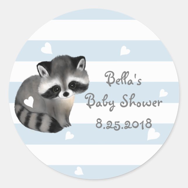 Blue Stripes Heart Racoon Baby Shower Stickers (Front)