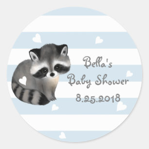 Blue Stripes Heart Racoon Baby Shower Stickers