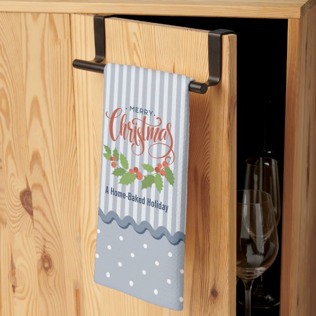 Blue Stripes Holly Leaves and Berries Christmas Tea Towel (Thirds Fold)
