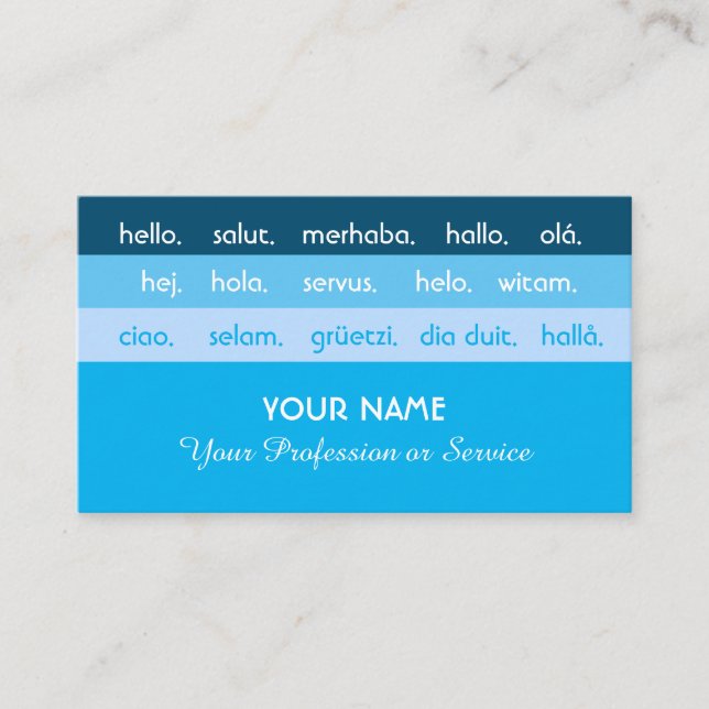 Blue stripes international languages hello business card (Front)