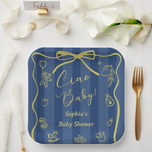 Blue Stripes Italian Themed Ciao Baby Paper Plate (Wedding)