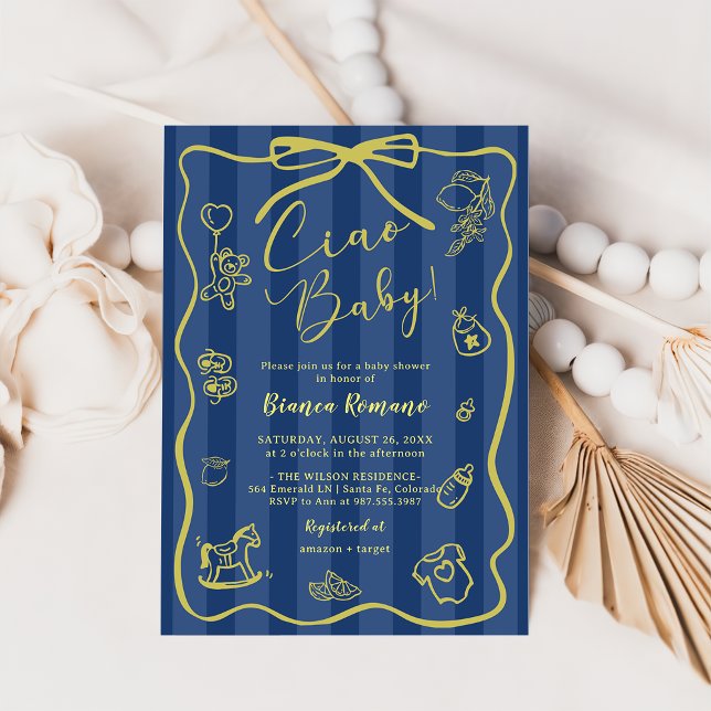 Blue Stripes Italian Themed Ciao Baby Shower Invitation (Creator Uploaded)