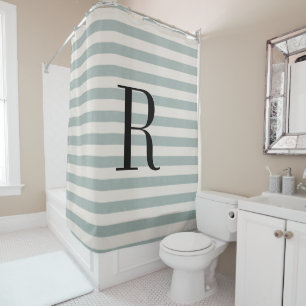 Blue Stripes Large Monogram Farmhouse Bathroom Shower Curtain