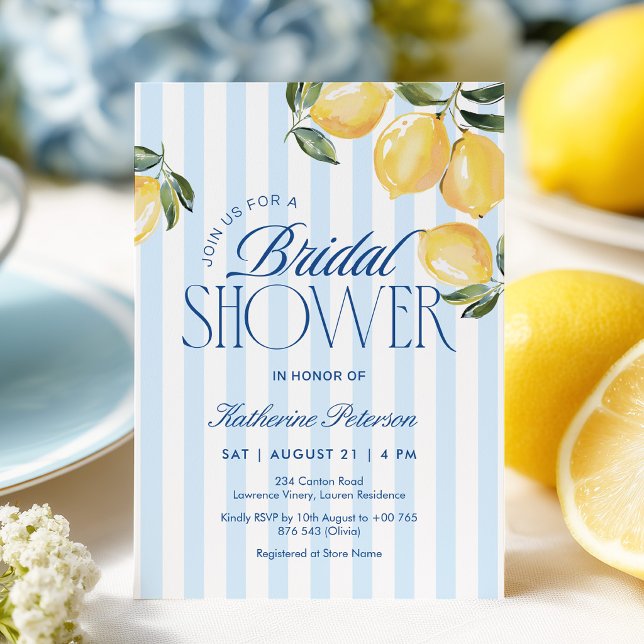 Blue Stripes Lemon Bridal Shower Invitation (Creator Uploaded)