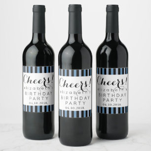 Blue Stripes, Lines, Striped Pattern, Birthday Wine Label