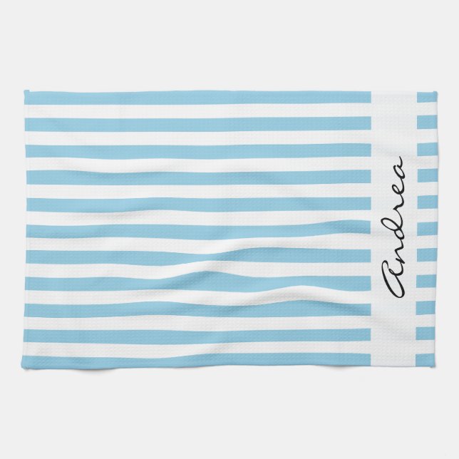 Blue Stripes, Lines, Striped Pattern, Your Name Tea Towel (Horizontal)