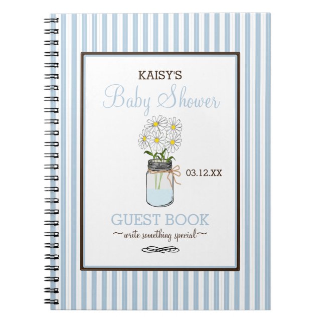 Blue Stripes Mason Jar Baby Shower Guest Book | (Front)