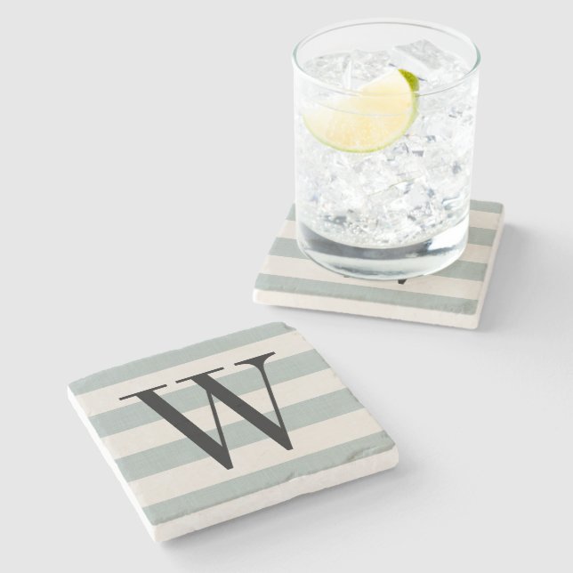 Blue Stripes Monogram | Modern Farmhouse Stone Coaster (Side)
