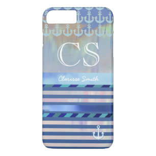 blue stripes, name/initials & anchors iPhone 8 plus/7 plus case