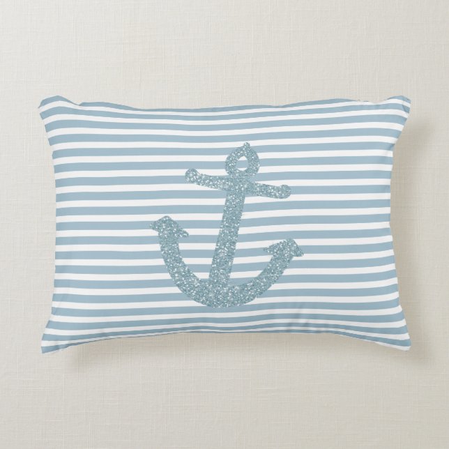Blue Stripes Nautical Anchor Decorative Cushion (Front)