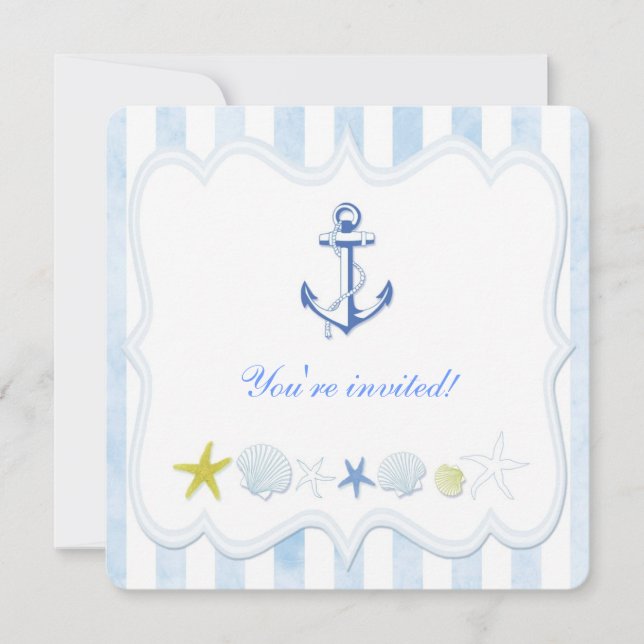 Blue Stripes Nautical Birthday Party Invitation (Front)