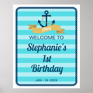 Blue Stripes Nautical Birthday Welcome Sign