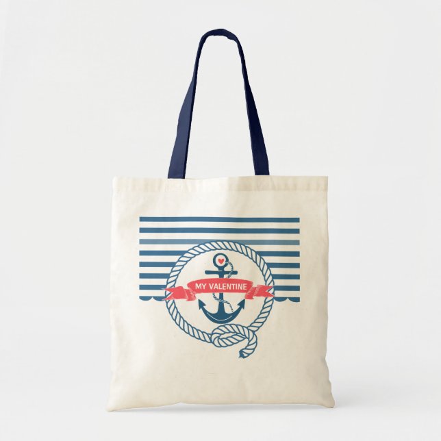 Blue Stripes Nautical Boat Anchor Tote Bag (Front)