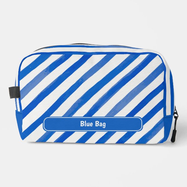 Blue Stripes on White and Text Dopp Kit (Front)
