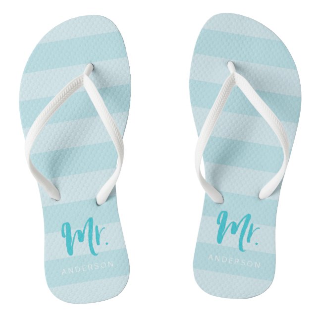 Blue Stripes Personalise with Name Mr Flip Flops (Footbed)