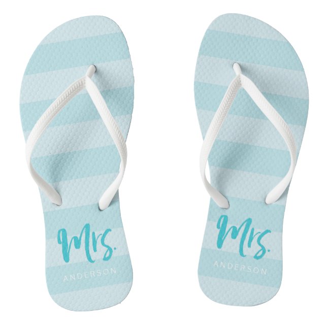 Blue Stripes Personalise with Name Mrs Flip Flops (Footbed)