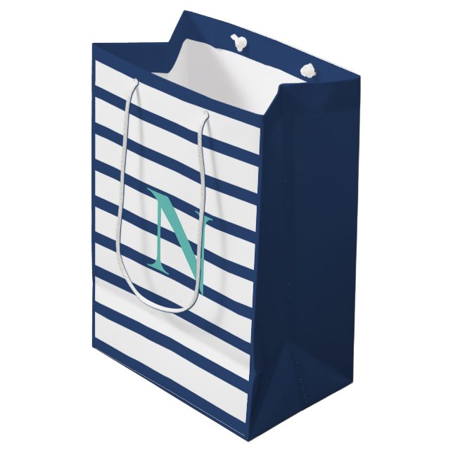 Blue Stripes Personalised Monogram Medium Gift Bag (Front Angled)