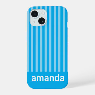 BLUE STRIPES PERSONALIZED NAME STYLISH MODERN iPhone 15 CASE
