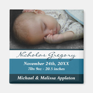 Blue Stripes Photo Birth Announcement Magnet