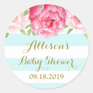Blue Stripes Pink Floral Baby Shower Favour Tag