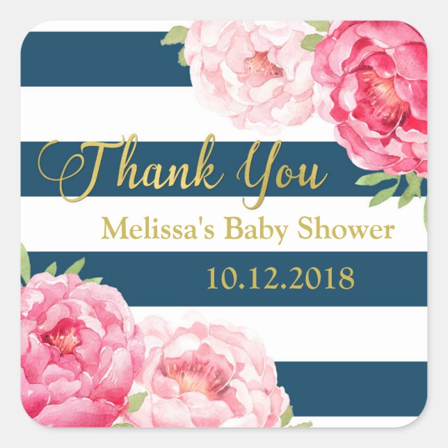 Blue Stripes Pink Floral Baby Shower Thank You Square Sticker (Front)