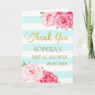 Blue Stripes Pink Floral Bridal Shower Thank You Card